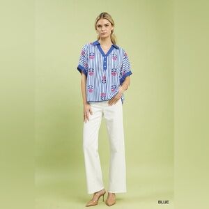 Umgee Stripe Embroidered Button-Front Boho Blouse🆕